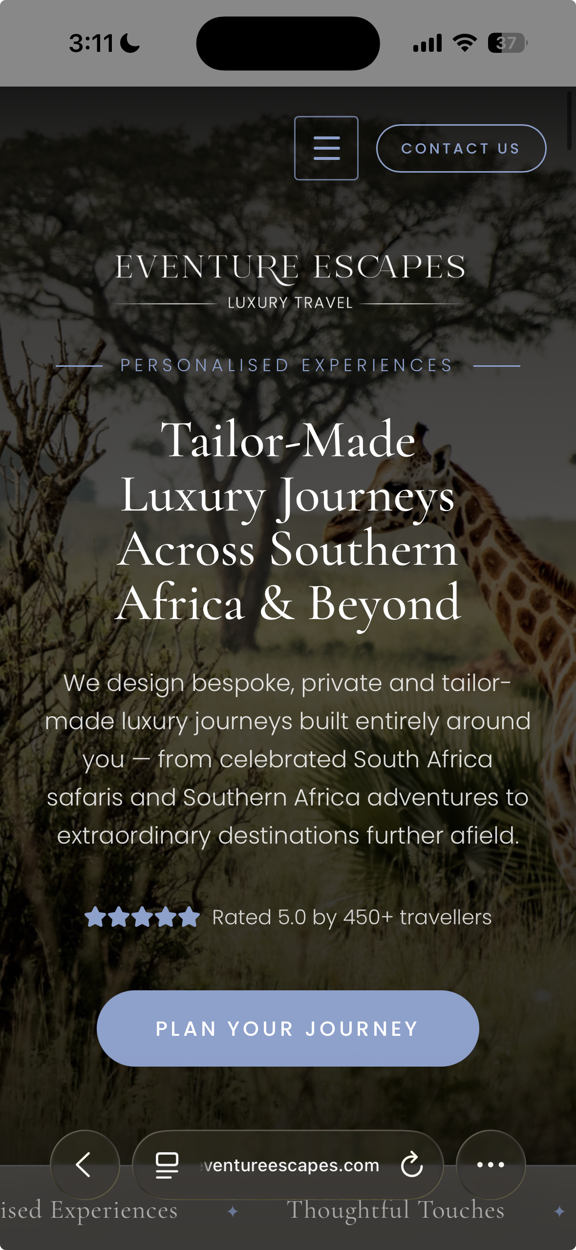 Mobile preview of the Eventure Escapes website